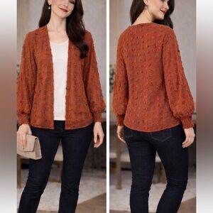 NWT DOSE sheer fabric with 3D Textured  Rust long sleeve Open Cardigan size M